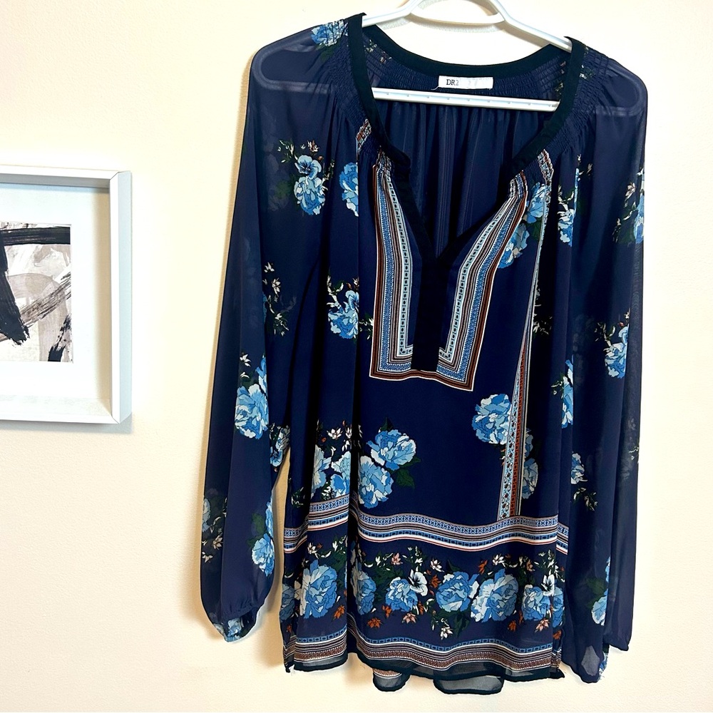 DR2 Navy Boho Peasant Blouse | Floral Print Sheer Sleeve Tunic XL